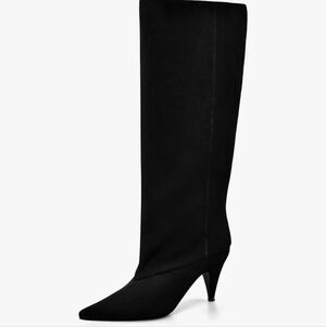 Sleek Black Pointed-Toe Knee-High Boot with Kitten Heel